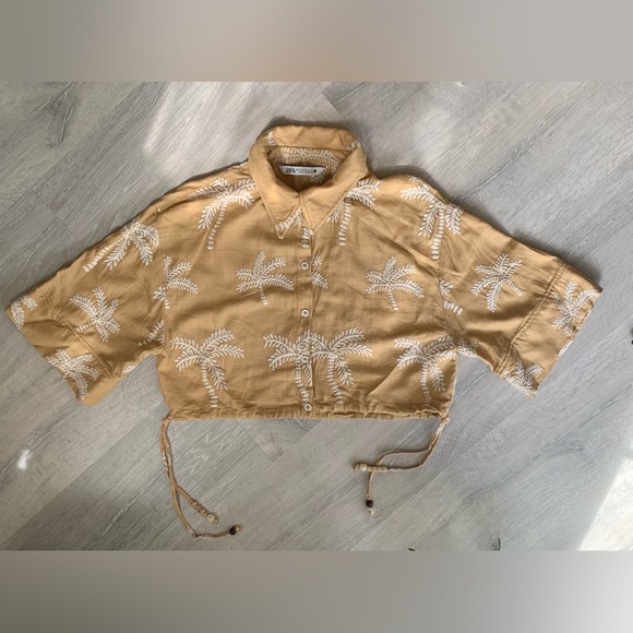 Zara Cropped Linen Blend Mustard Shirt With Embroidered Palm Trees  Size US M - Picture 3 of 7